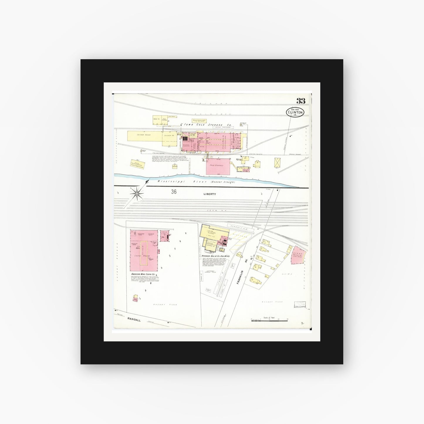 Old map wall art mockup — black gallery frame with white mat — Sanborn Fire Insurance Map from Clinton, Clinton County, Iowa (1909), Sheet #0033