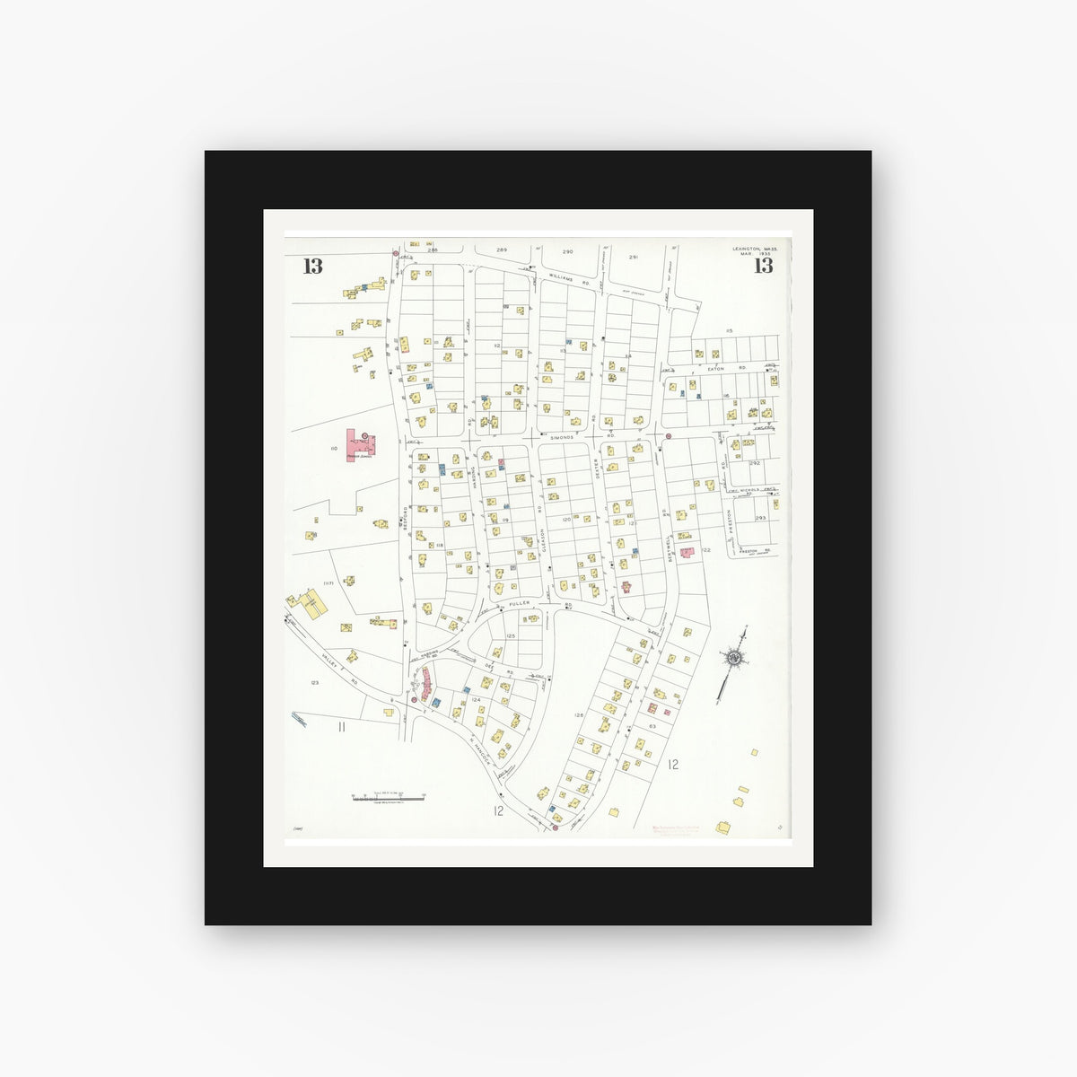 Old map wall art mockup — black gallery frame with white mat — Sanborn Fire Insurance Map from Lexington, Middlesex County, Massachusetts (1935), Sheet #0013