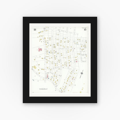 Old map wall art mockup — black gallery frame with white mat — Sanborn Fire Insurance Map from Lexington, Middlesex County, Massachusetts (1935), Sheet #0013
