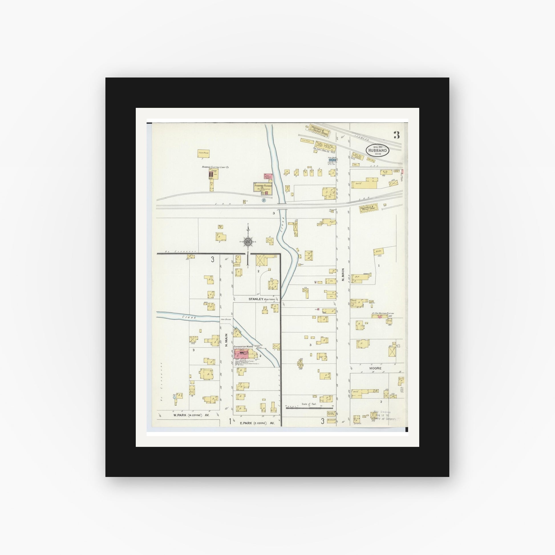 Old map wall art mockup — black gallery frame with white mat — Sanborn Fire Insurance Map from Hubbard, Trumbull County, Ohio (1911), Sheet #0003