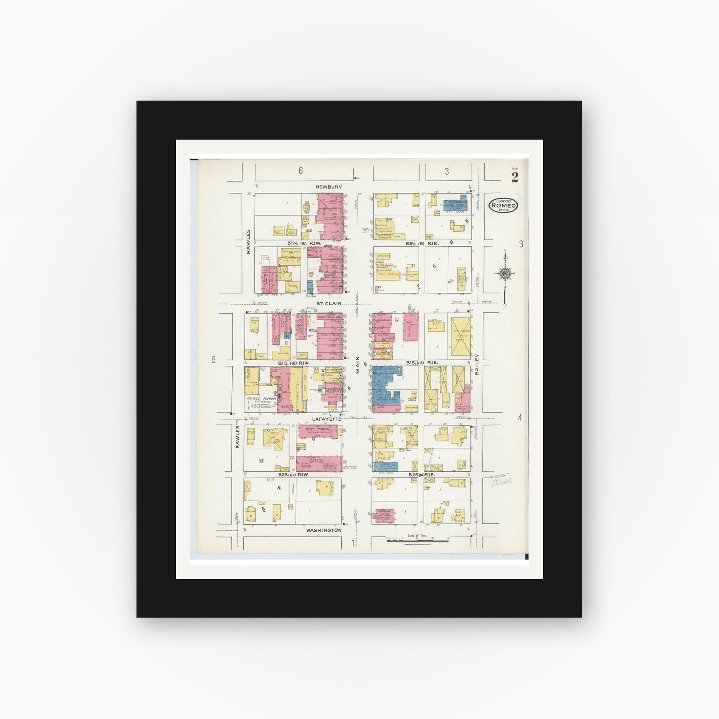 Old map wall art mockup — black gallery frame with white mat — Sanborn Fire Insurance Map from Romeo, Macomb County, Michigan (1921), Sheet #0002