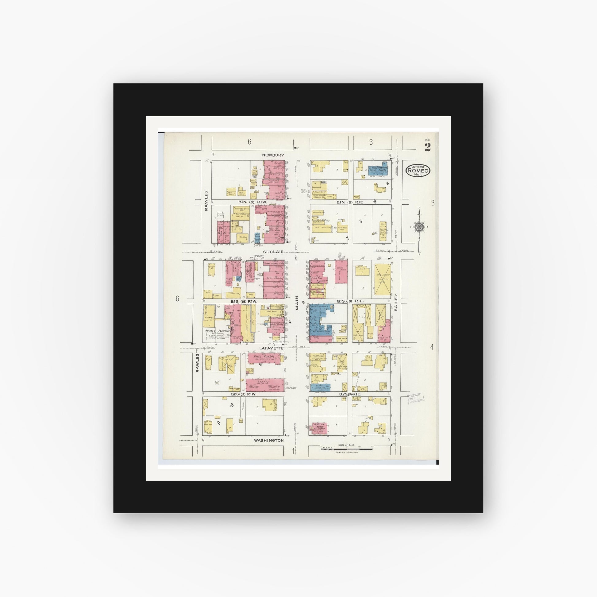 Old map wall art mockup — black gallery frame with white mat — Sanborn Fire Insurance Map from Romeo, Macomb County, Michigan (1921), Sheet #0002