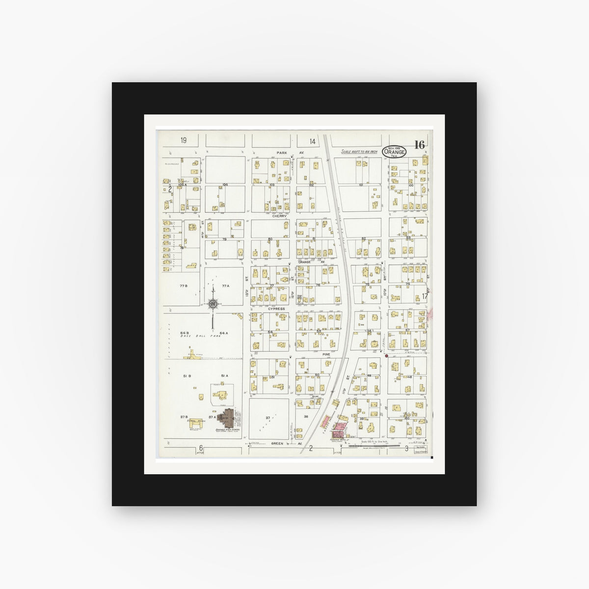 Old map wall art mockup — black gallery frame with white mat — Sanborn Fire Insurance Map from Orange, Orange County, Texas (1919), Sheet #0016