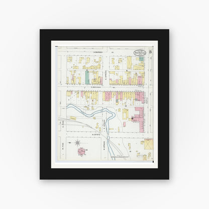 Old map wall art mockup — black gallery frame with white mat — Sanborn Fire Insurance Map from Big Rapids, Mecosta County, Michigan (1892), Sheet #0003
