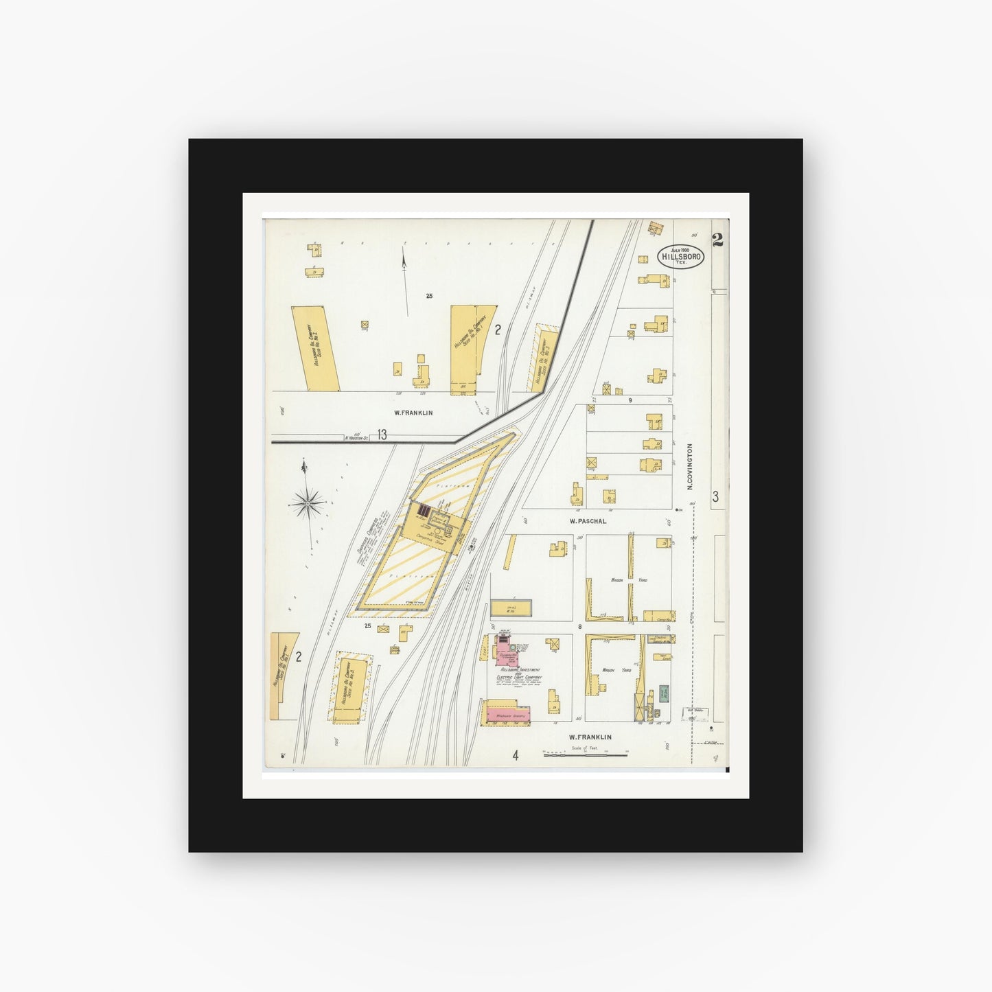 Old map wall art mockup — black gallery frame with white mat — Sanborn Fire Insurance Map from Hillsboro, Hill County, Texas (1900), Sheet #0002