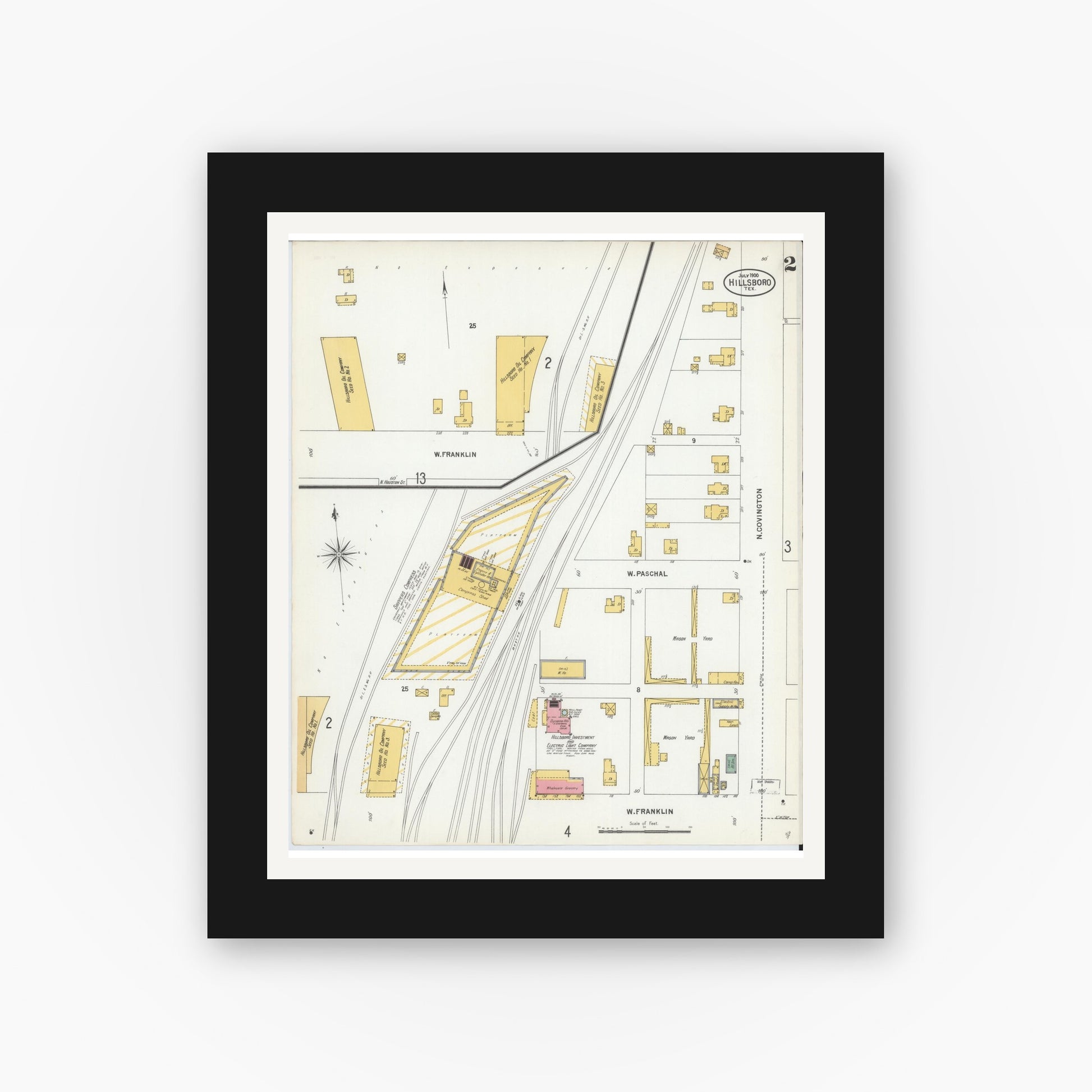 Old map wall art mockup — black gallery frame with white mat — Sanborn Fire Insurance Map from Hillsboro, Hill County, Texas (1900), Sheet #0002