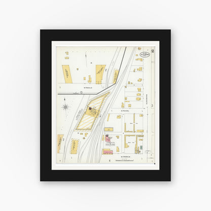 Old map wall art mockup — black gallery frame with white mat — Sanborn Fire Insurance Map from Hillsboro, Hill County, Texas (1900), Sheet #0002