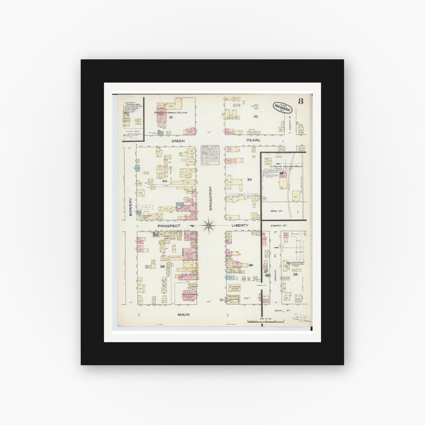 Old map wall art mockup — black gallery frame with white mat — Sanborn Fire Insurance Map from Newark, Licking County, Ohio (1884), Sheet #0008