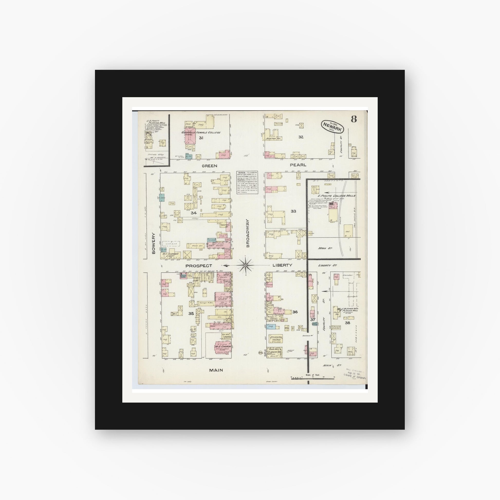 Old map wall art mockup — black gallery frame with white mat — Sanborn Fire Insurance Map from Newark, Licking County, Ohio (1884), Sheet #0008