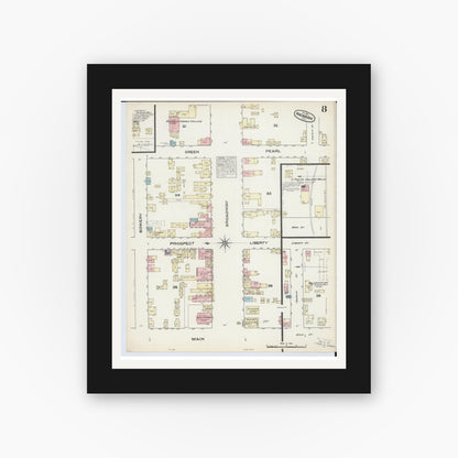 Old map wall art mockup — black gallery frame with white mat — Sanborn Fire Insurance Map from Newark, Licking County, Ohio (1884), Sheet #0008