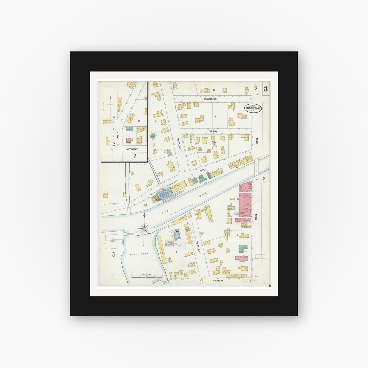 Old map wall art mockup — black gallery frame with white mat — Sanborn Fire Insurance Map from Middleport, Niagara County, New York (1900), Sheet #0003