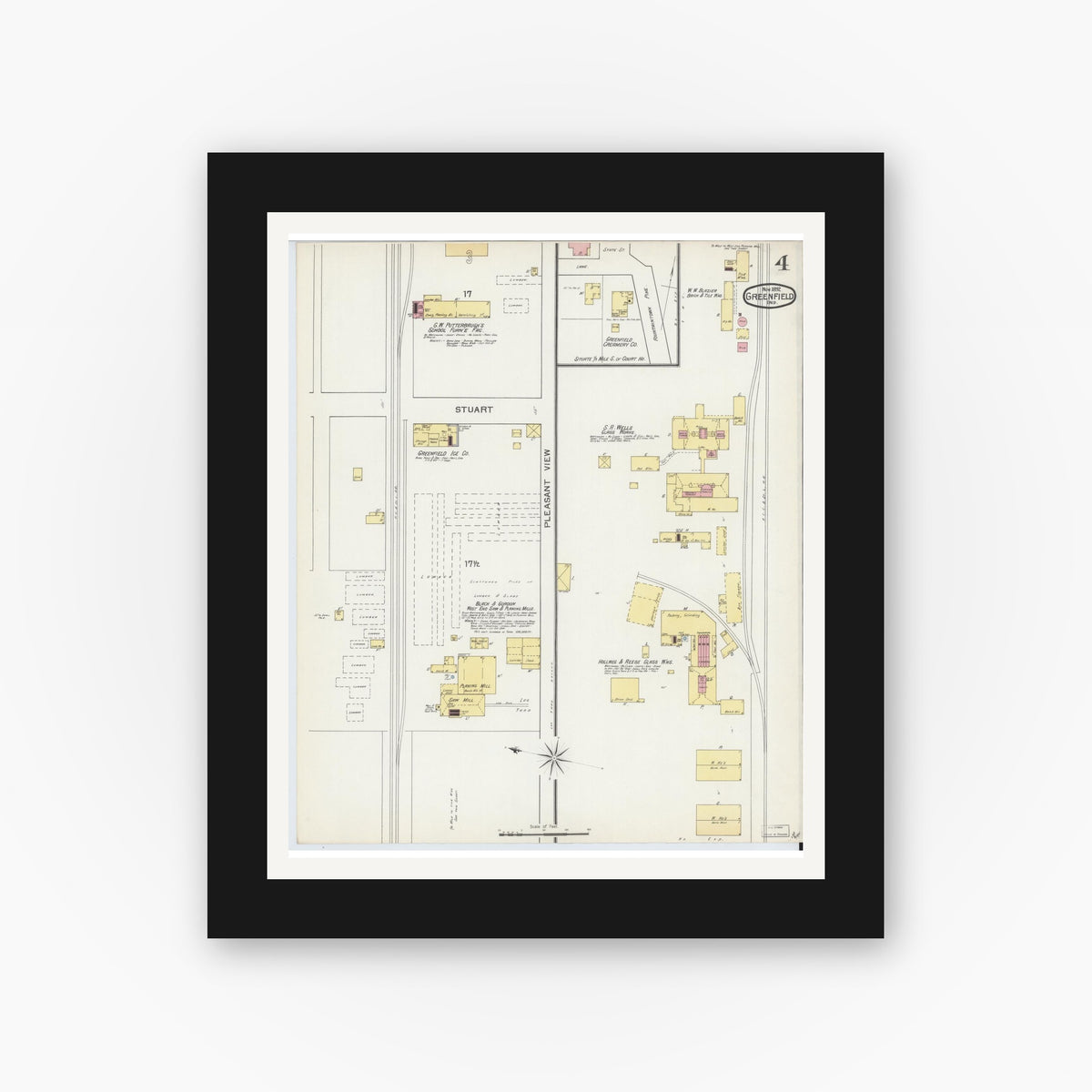 Old map wall art mockup — black gallery frame with white mat — Sanborn Fire Insurance Map from Greenfield, Hancock County, Indiana (1892), Sheet #0004