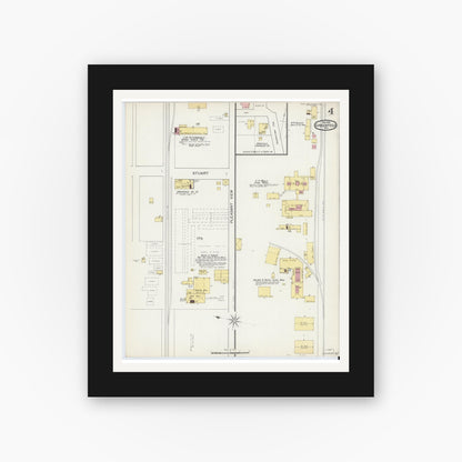 Old map wall art mockup — black gallery frame with white mat — Sanborn Fire Insurance Map from Greenfield, Hancock County, Indiana (1892), Sheet #0004
