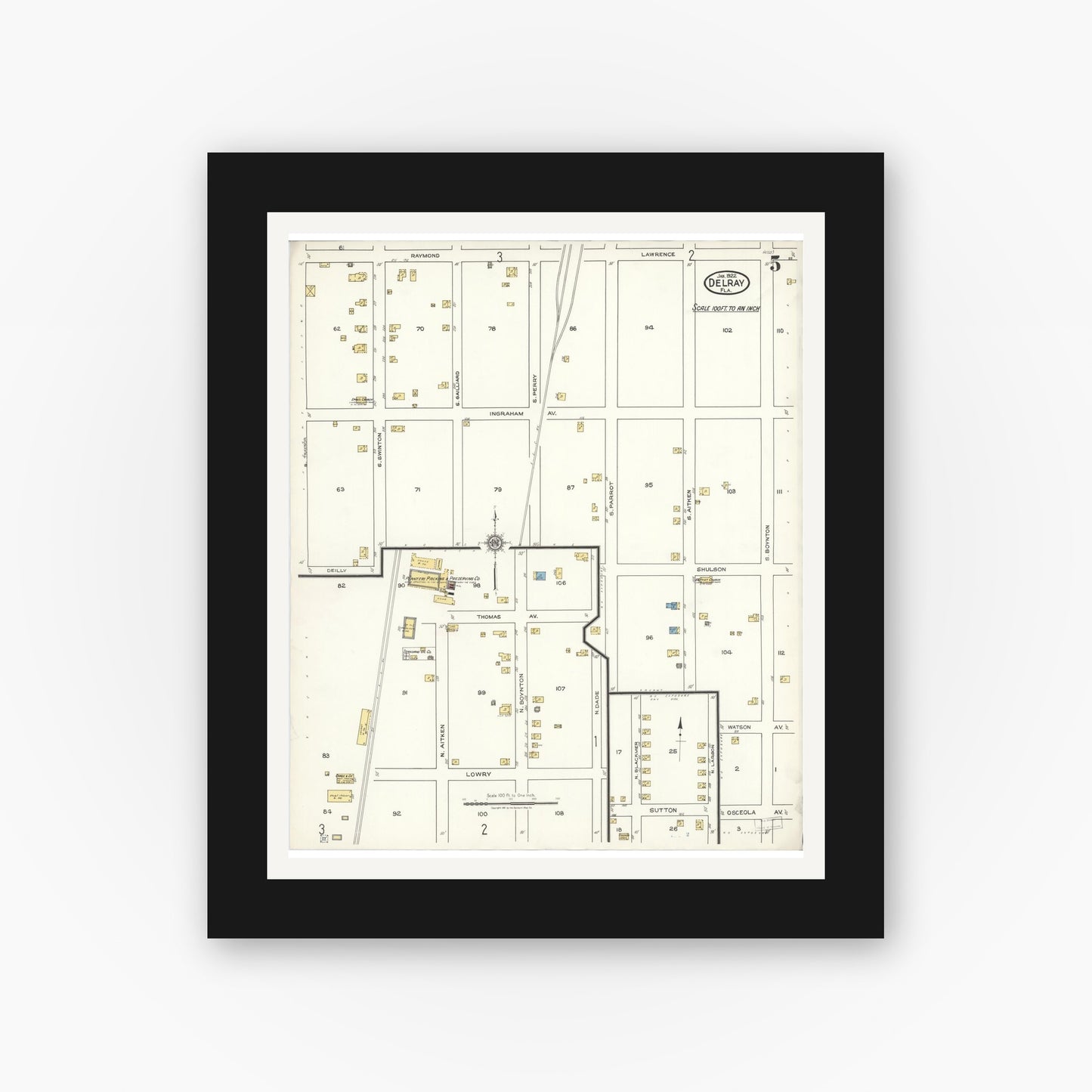 Old map wall art mockup — black gallery frame with white mat — Sanborn Fire Insurance Map from Delray, Palm Beach County, Florida (1922), Sheet #0005