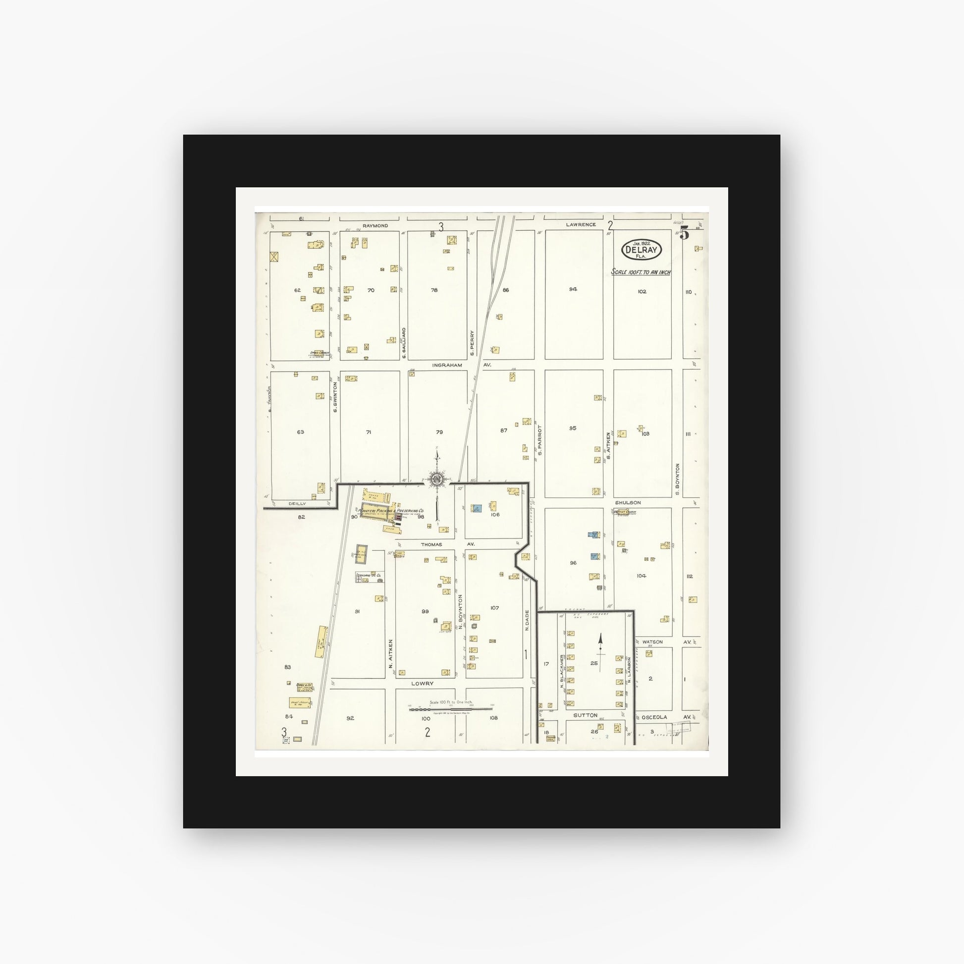 Old map wall art mockup — black gallery frame with white mat — Sanborn Fire Insurance Map from Delray, Palm Beach County, Florida (1922), Sheet #0005