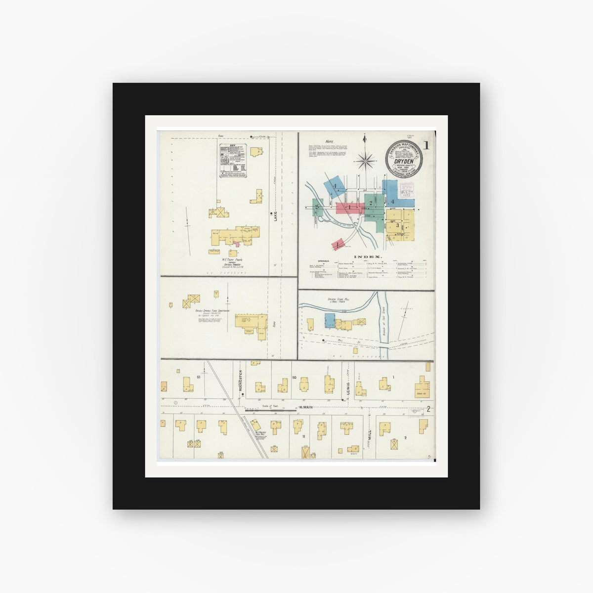 Old map wall art mockup — black gallery frame with white mat — Sanborn Fire Insurance Map from Dryden, Tompkins County, New York (1904) - Complete Map Set