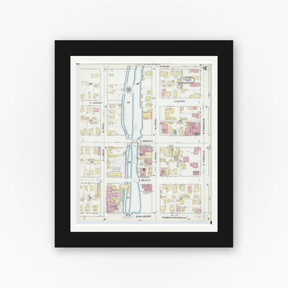 Old map wall art mockup — black gallery frame with white mat — Sanborn Fire Insurance Map from Troy, Miami County, Ohio (1892), Sheet #0004