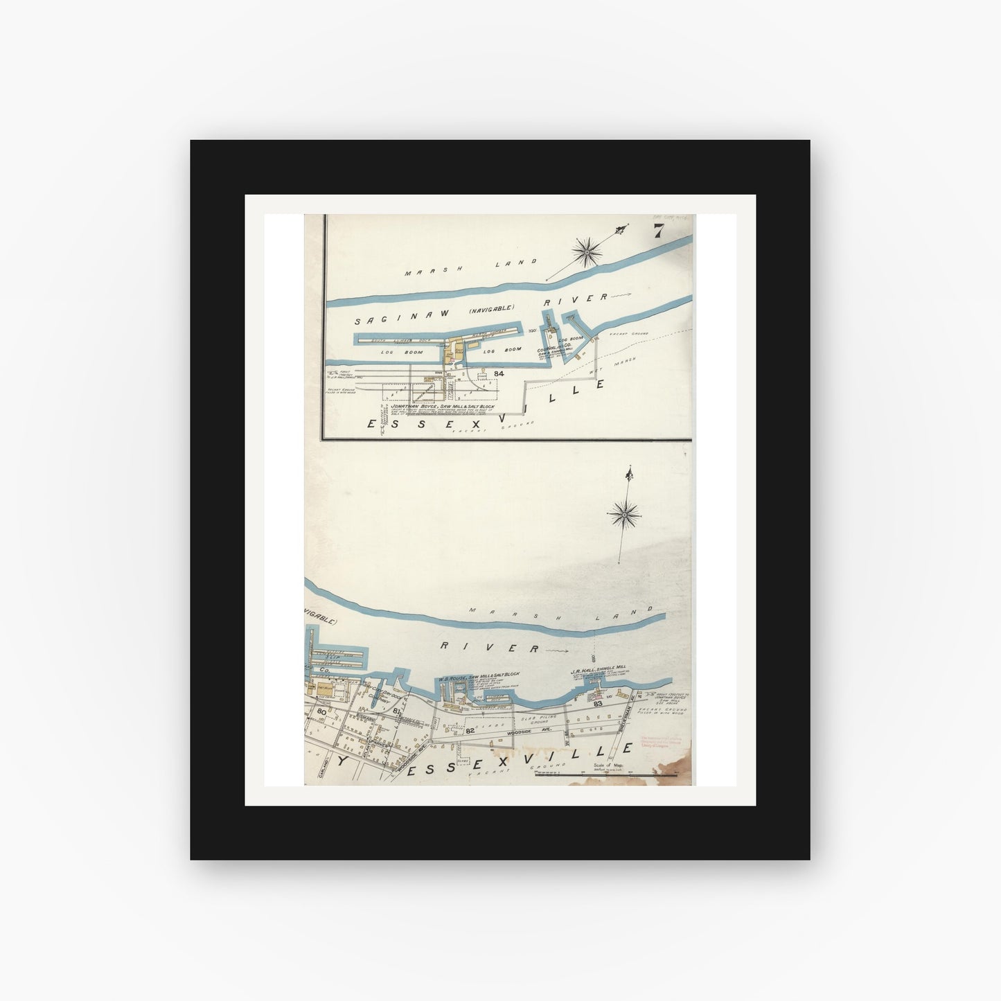 Old map wall art mockup — black gallery frame with white mat — Sanborn Fire Insurance Map from Bay City, Bay County, Michigan (1895), Sheet #0007