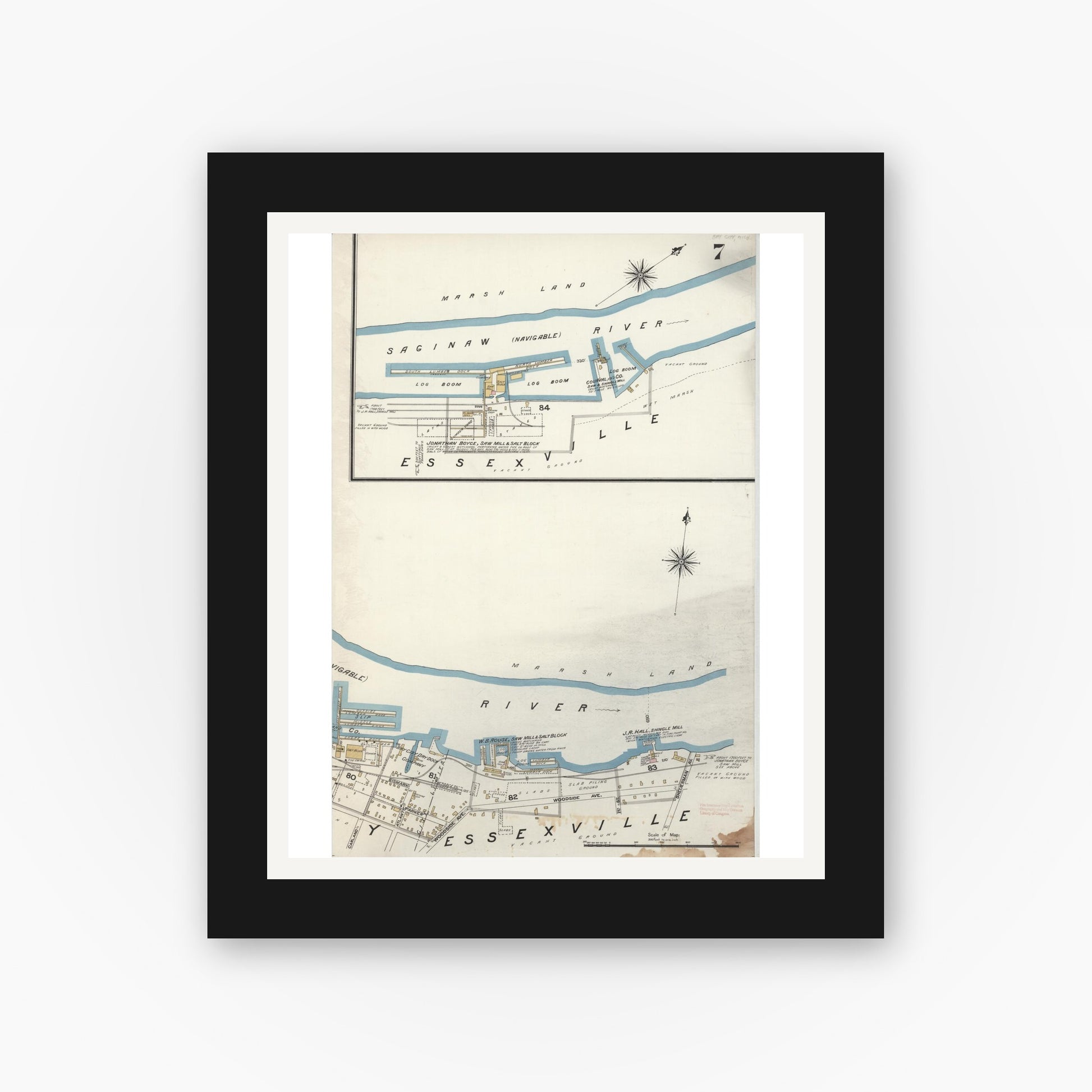 Old map wall art mockup — black gallery frame with white mat — Sanborn Fire Insurance Map from Bay City, Bay County, Michigan (1895), Sheet #0007