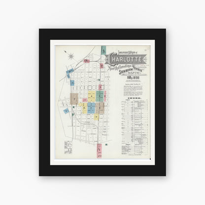 Old map wall art mockup — black gallery frame with white mat — Sanborn Fire Insurance Map from Charlotte, Mecklenburg County, North Carolina (1896) - Complete Map Set