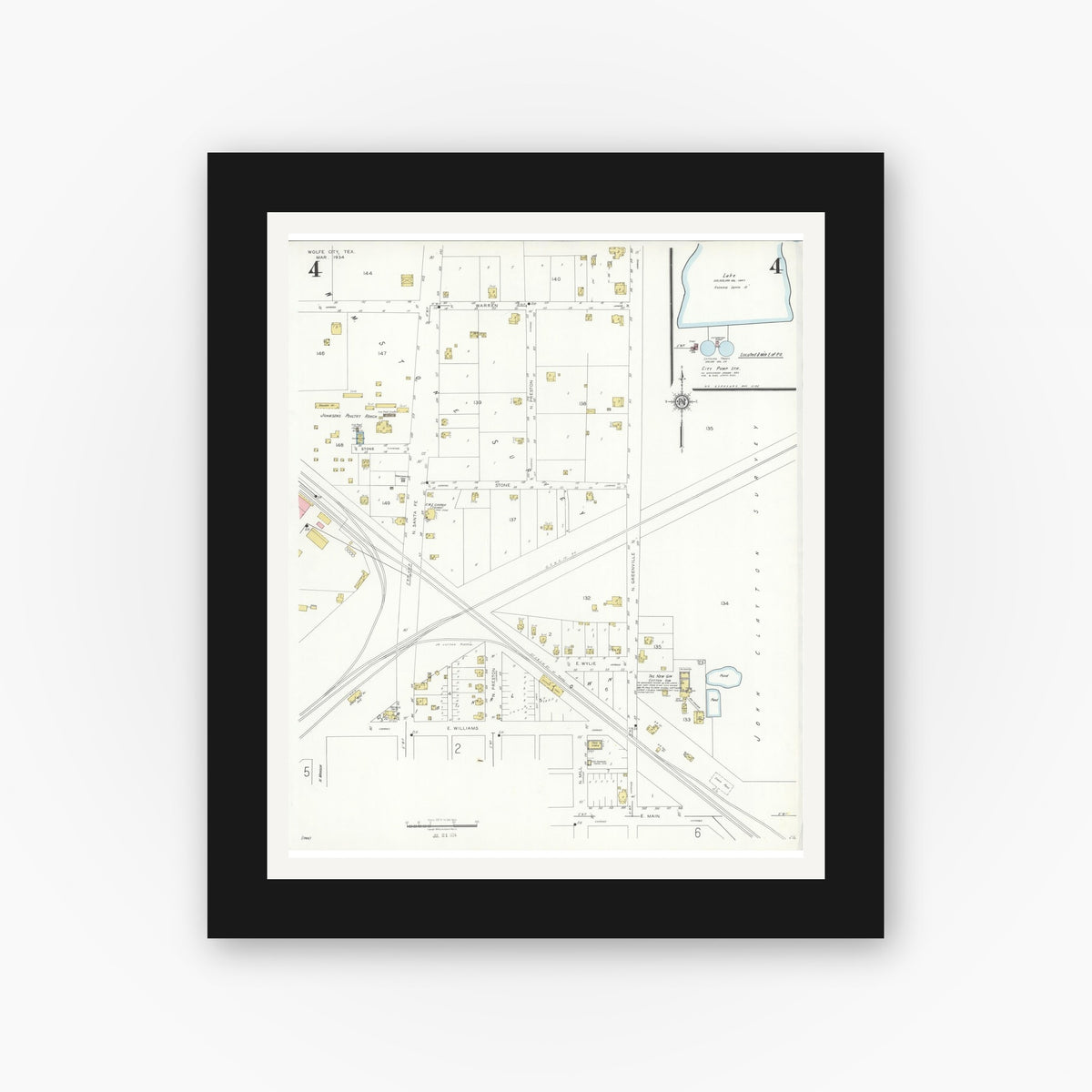 Old map wall art mockup — black gallery frame with white mat — Sanborn Fire Insurance Map from Wolfe City, Hunt County, Texas (1934), Sheet #0004