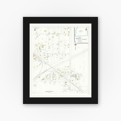 Old map wall art mockup — black gallery frame with white mat — Sanborn Fire Insurance Map from Wolfe City, Hunt County, Texas (1934), Sheet #0004