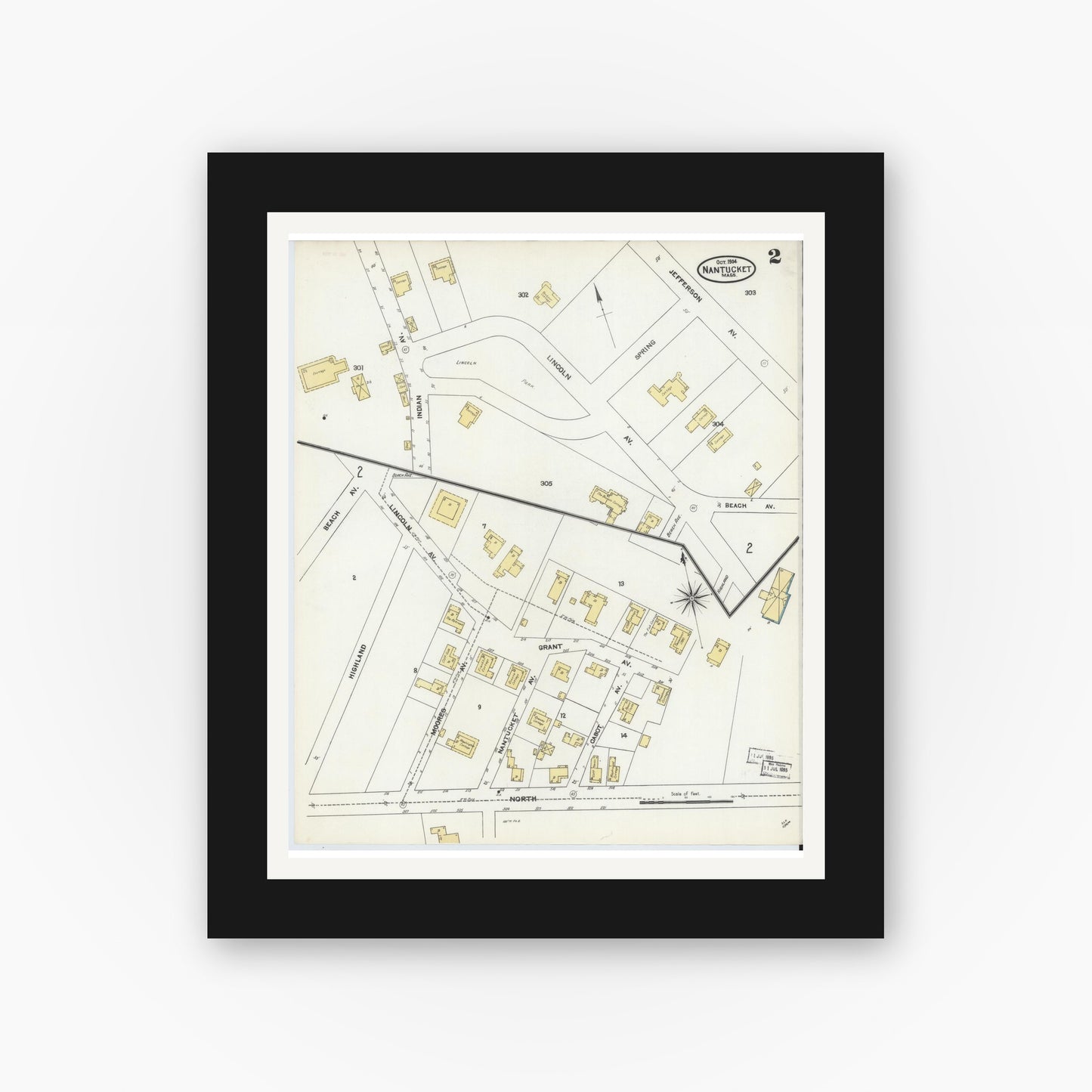 Old map wall art mockup — black gallery frame with white mat — Sanborn Fire Insurance Map from Nantucket, Nantucket County, Massachusetts (1904), Sheet #0002