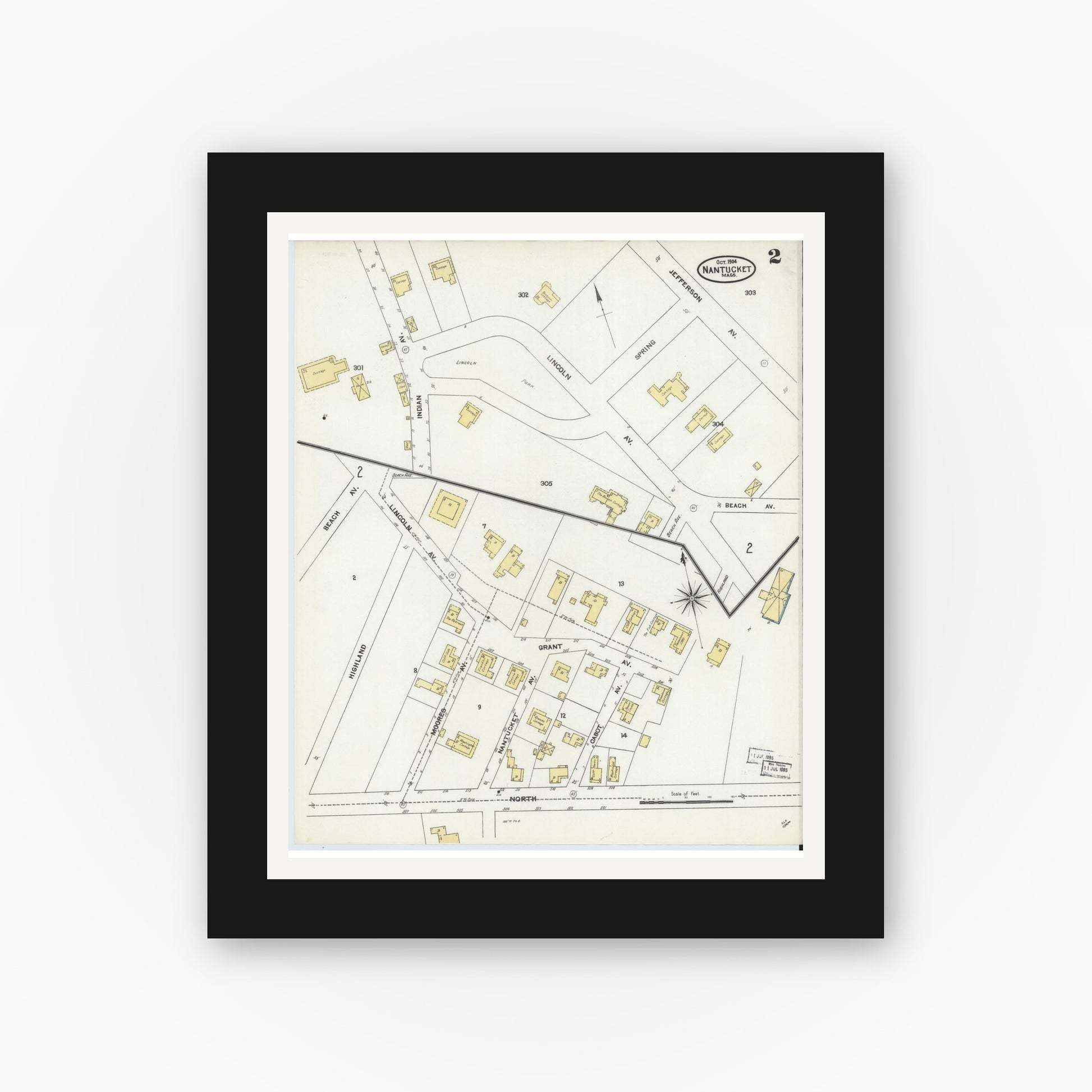 Old map wall art mockup — black gallery frame with white mat — Sanborn Fire Insurance Map from Nantucket, Nantucket County, Massachusetts (1904), Sheet #0002