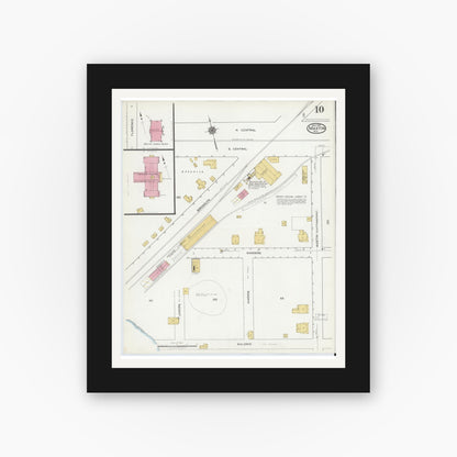 Old map wall art mockup — black gallery frame with white mat — Sanborn Fire Insurance Map from Maxton, Robeson County, North Carolina (1919), Sheet #0010