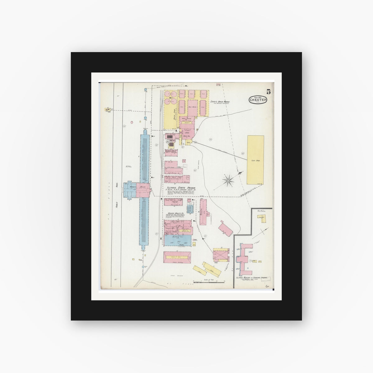 Old map wall art mockup — black gallery frame with white mat — Sanborn Fire Insurance Map from Chester, Randolph County, Illinois (1886), Sheet #0005