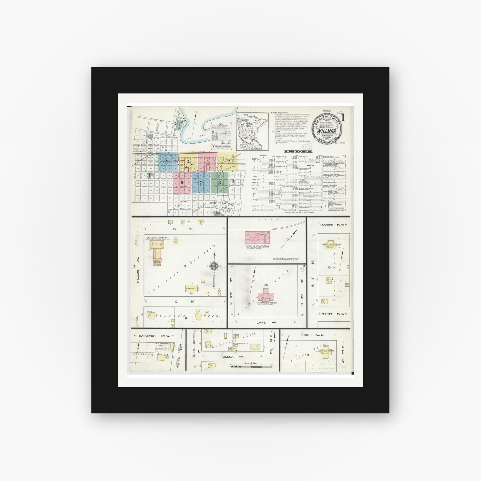 Old map wall art mockup — black gallery frame with white mat — Sanborn Fire Insurance Map from Willmar, Kandiyohi County, Minnesota (1914) - Complete Map Set