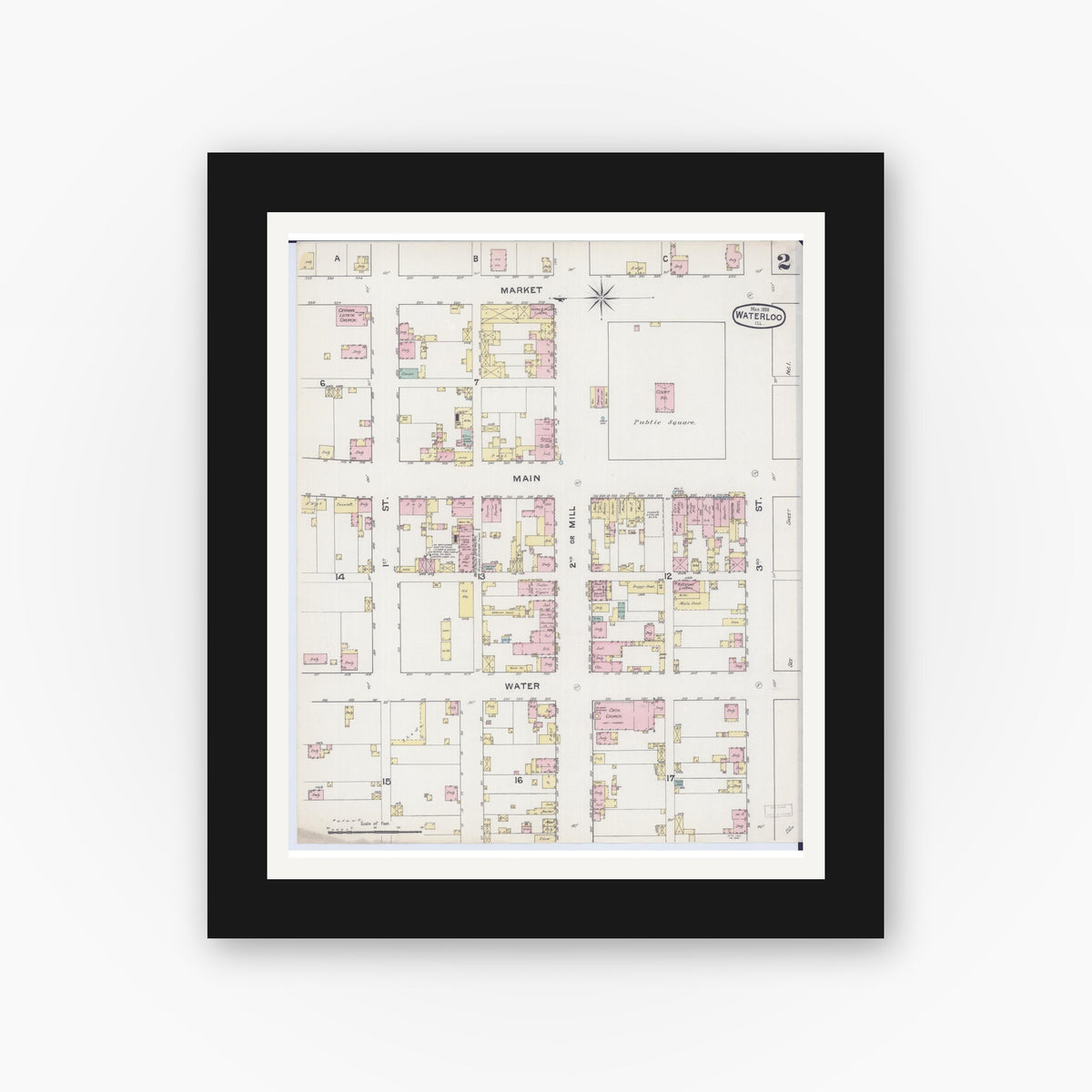 Old map wall art mockup — black gallery frame with white mat — Sanborn Fire Insurance Map from Waterloo, Monroe County, Illinois (1888), Sheet #0002