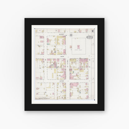 Old map wall art mockup — black gallery frame with white mat — Sanborn Fire Insurance Map from Waterloo, Monroe County, Illinois (1888), Sheet #0002