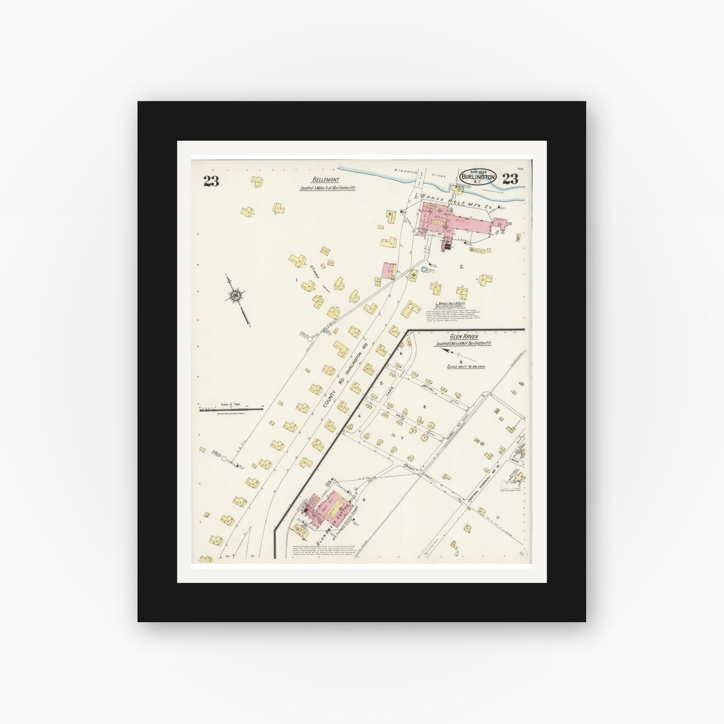 Old map wall art mockup — black gallery frame with white mat — Sanborn Fire Insurance Map from Burlington, Alamance County, North Carolina (1924), Sheet #0023