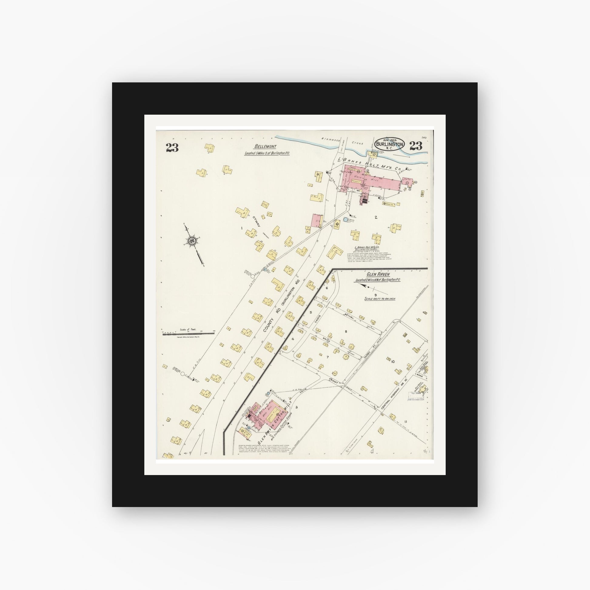 Old map wall art mockup — black gallery frame with white mat — Sanborn Fire Insurance Map from Burlington, Alamance County, North Carolina (1924), Sheet #0023