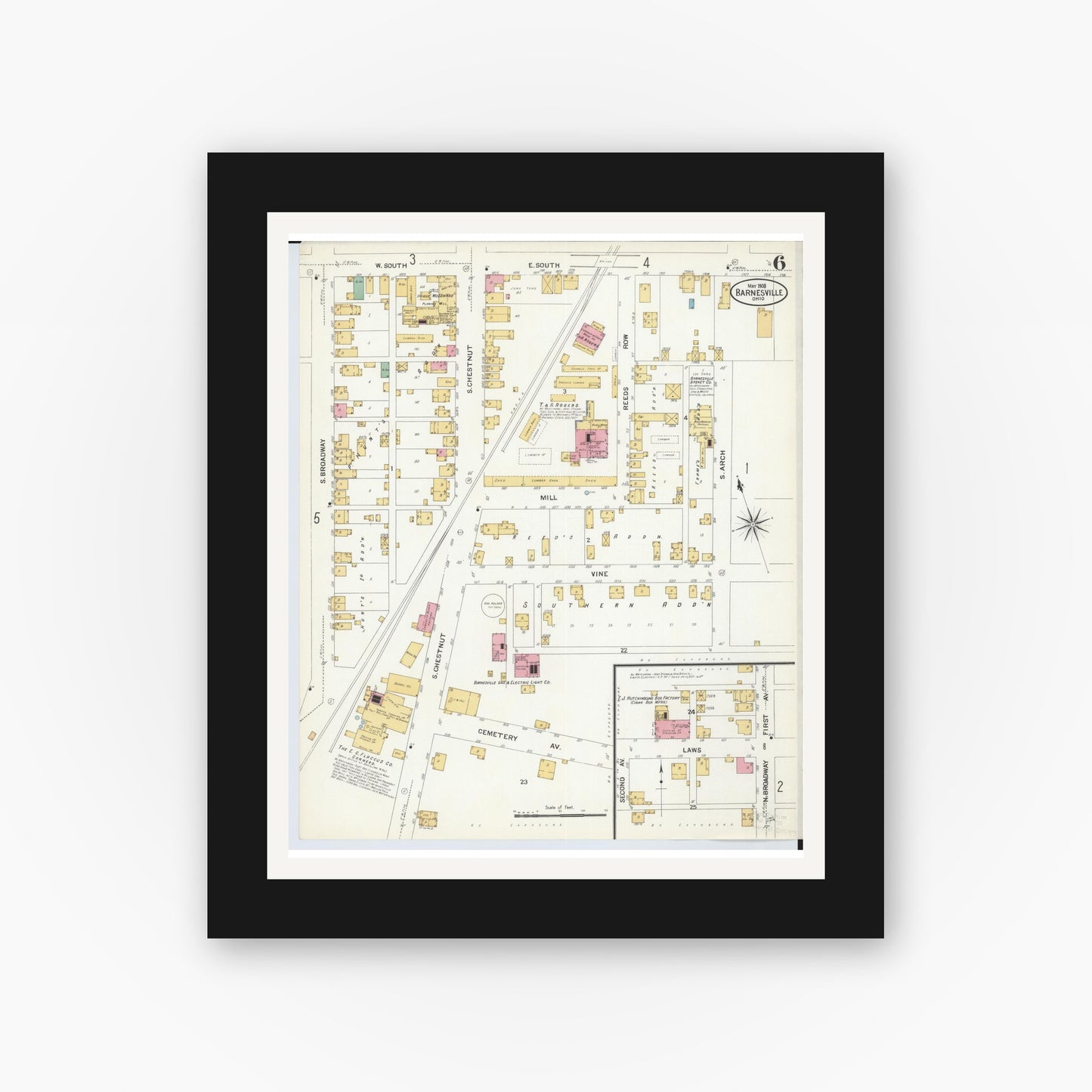 Old map wall art mockup — black gallery frame with white mat — Sanborn Fire Insurance Map from Barnesville, Belmont County, Ohio (1908), Sheet #0006