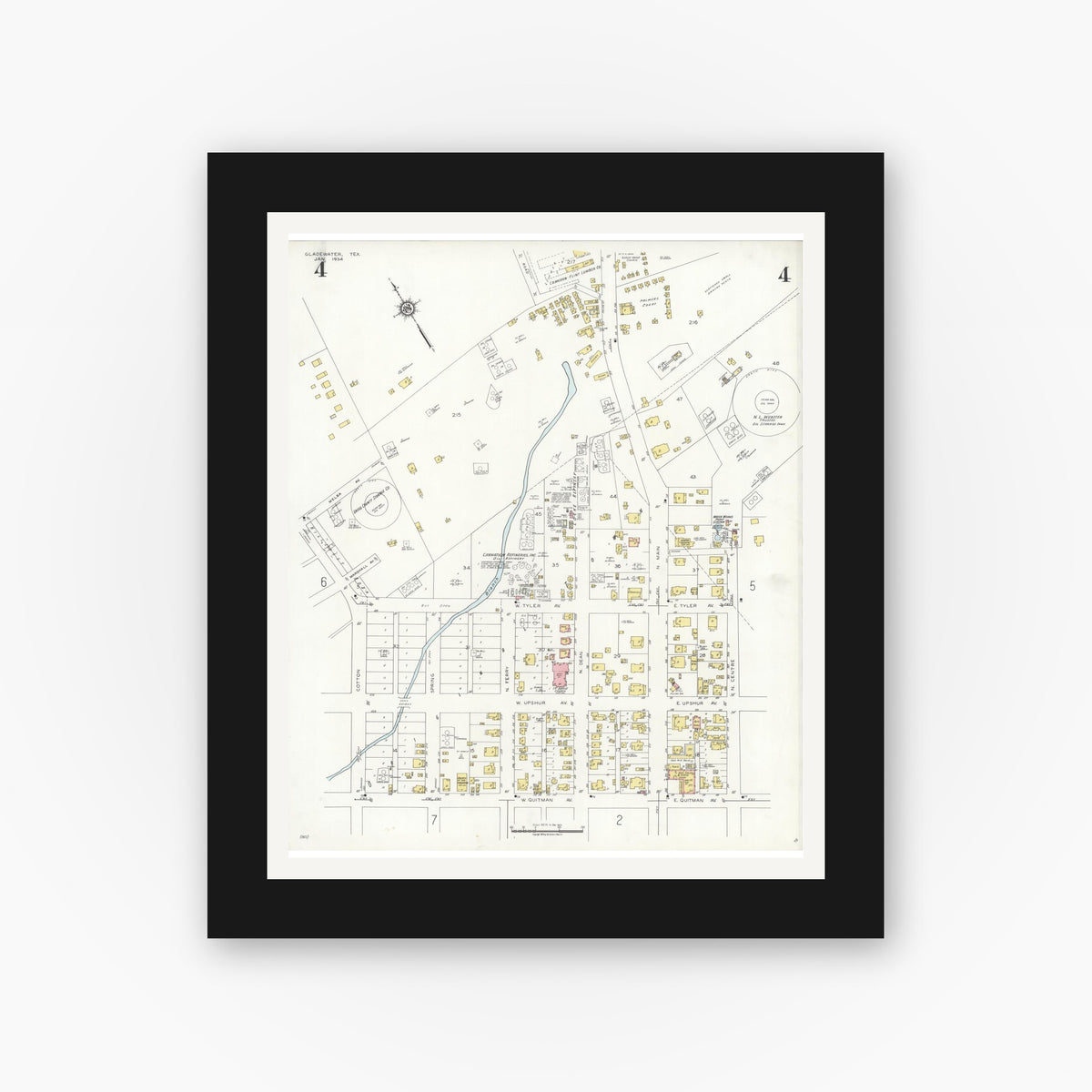 Old map wall art mockup — black gallery frame with white mat — Sanborn Fire Insurance Map from Gladewater, Gregg County, Texas (1934), Sheet #0004