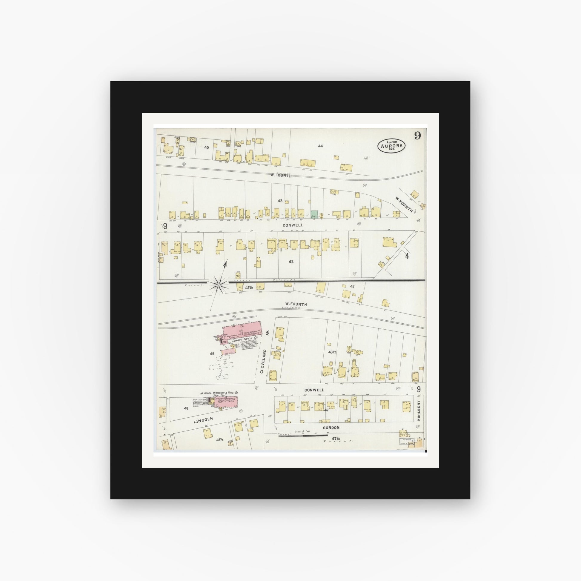 Old map wall art mockup — black gallery frame with white mat — Sanborn Fire Insurance Map from Aurora, Dearborn County, Indiana (1897), Sheet #0009
