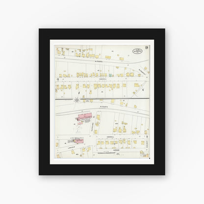 Old map wall art mockup — black gallery frame with white mat — Sanborn Fire Insurance Map from Aurora, Dearborn County, Indiana (1897), Sheet #0009