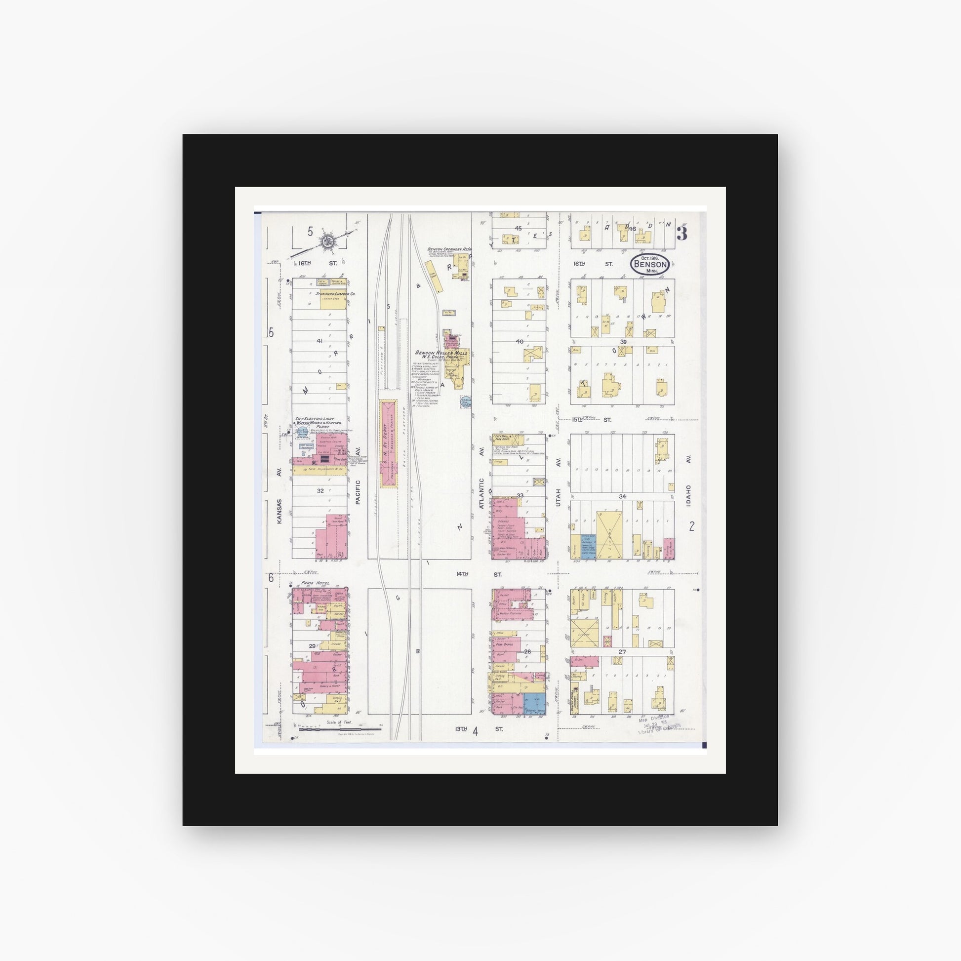 Old map wall art mockup — black gallery frame with white mat — Sanborn Fire Insurance Map from Benson, Swift County, Minnesota (1916), Sheet #0003