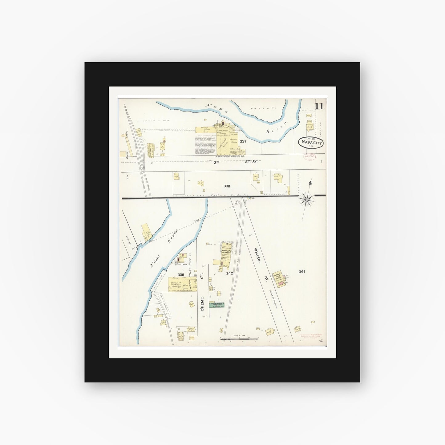 Old map wall art mockup — black gallery frame with white mat — Sanborn Fire Insurance Map from Napa, Napa County, California (1891), Sheet #0011
