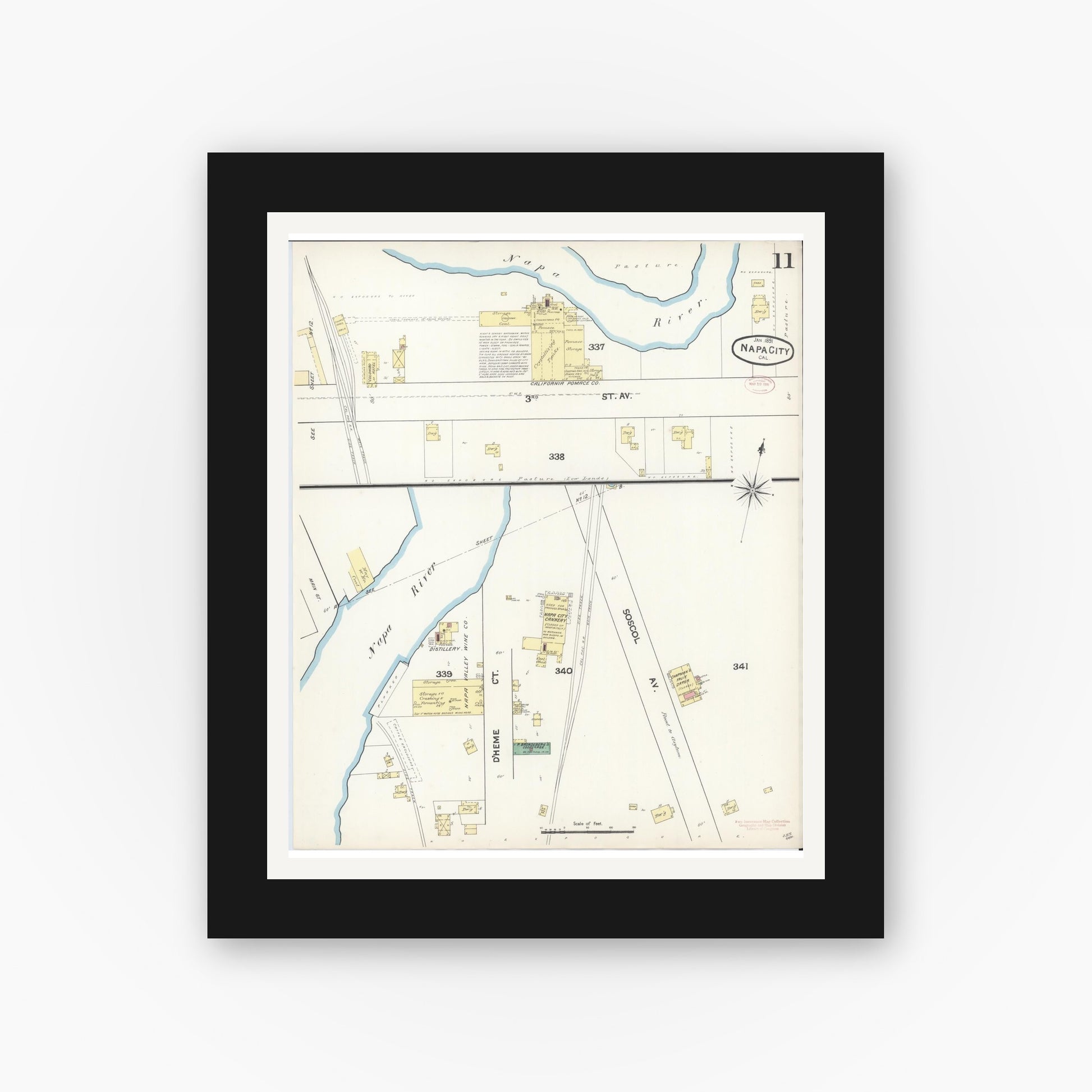 Old map wall art mockup — black gallery frame with white mat — Sanborn Fire Insurance Map from Napa, Napa County, California (1891), Sheet #0011