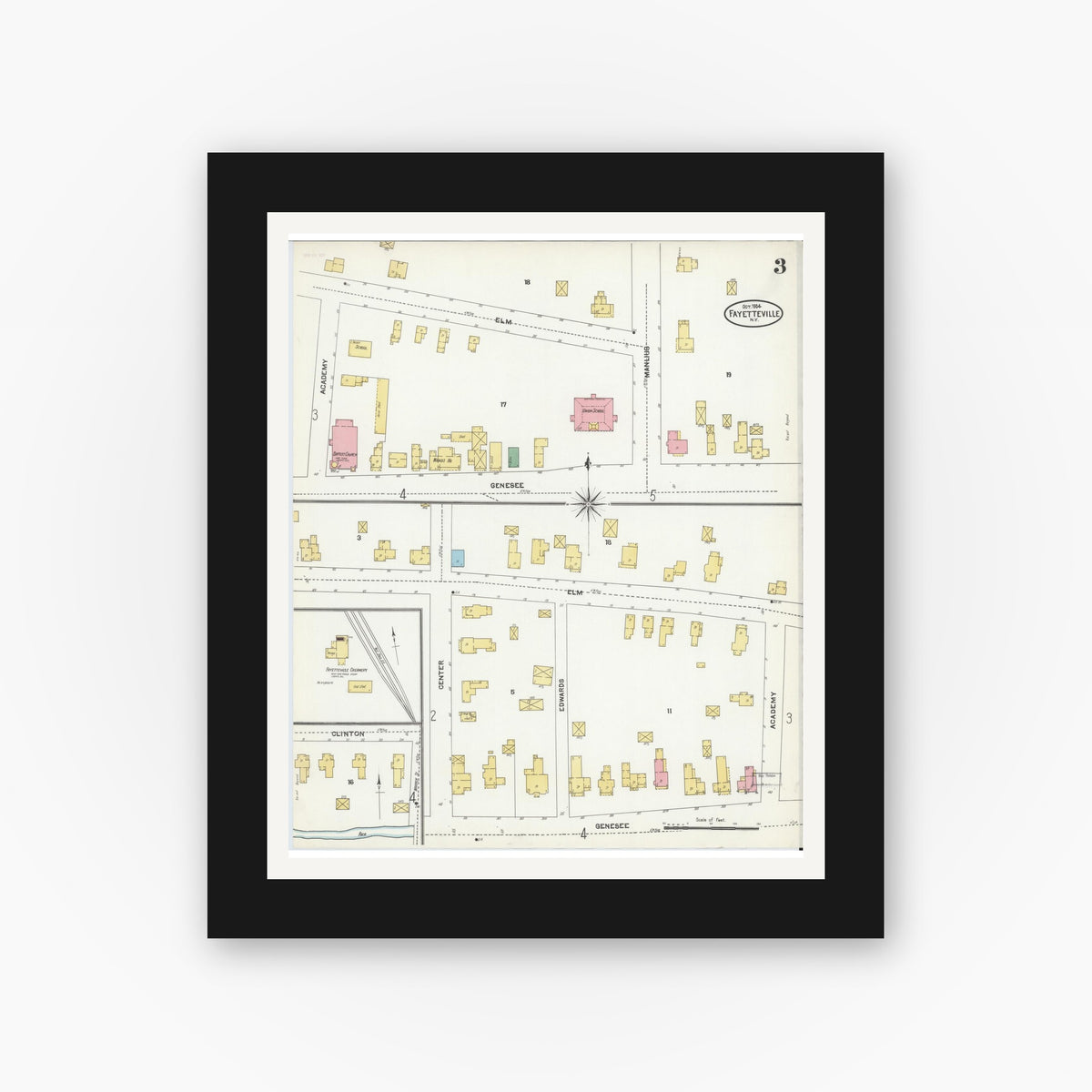 Old map wall art mockup — black gallery frame with white mat — Sanborn Fire Insurance Map from Fayetteville, Onondaga County, New York (1904), Sheet #0003