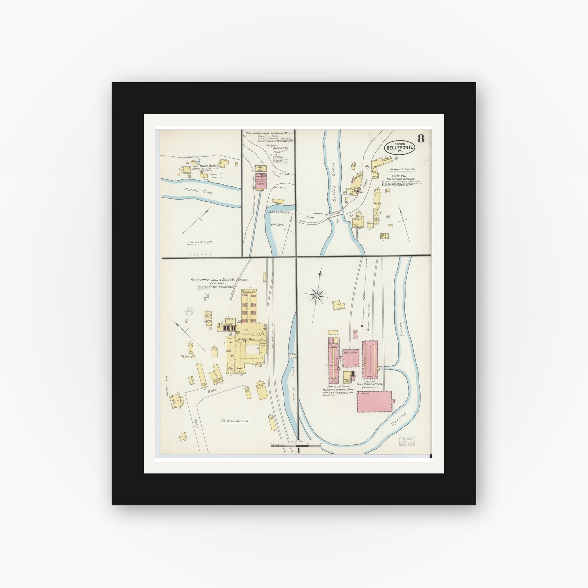 Old map wall art mockup — black gallery frame with white mat — Sanborn Fire Insurance Map from Bellefonte, Centre County, Pennsylvania (1897), Sheet #0008