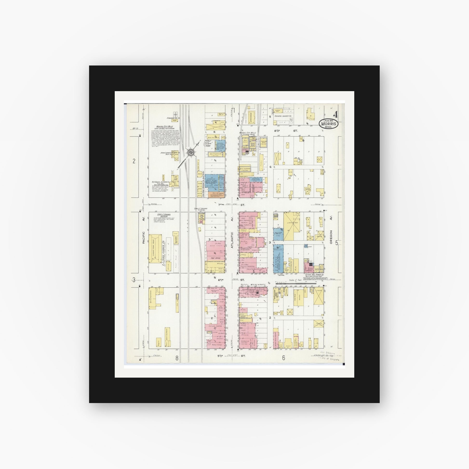 Old map wall art mockup — black gallery frame with white mat — Sanborn Fire Insurance Map from Morris, Stevens County, Minnesota (1915), Sheet #0004