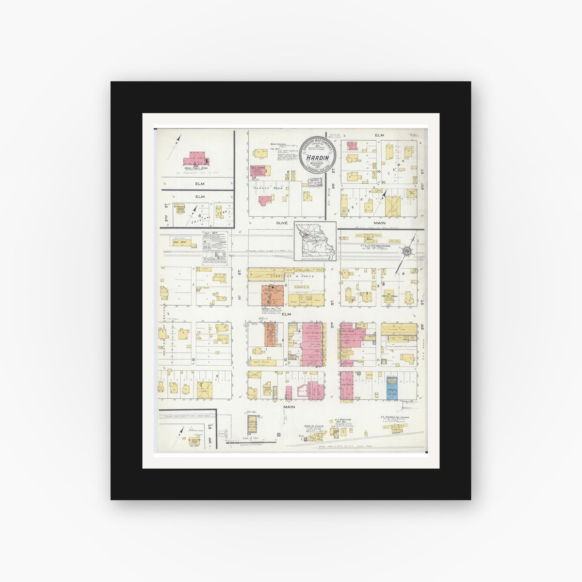 Old map wall art mockup — black gallery frame with white mat — Sanborn Fire Insurance Map from Hardin, Ray County, Missouri (1917), Sheet #0001