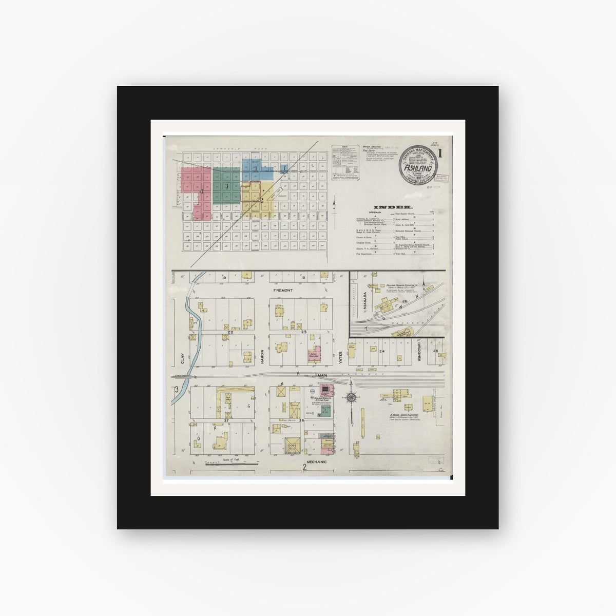 Old map wall art mockup — black gallery frame with white mat — Sanborn Fire Insurance Map from Ashland, Cass County, Illinois (1909), Sheet #0001