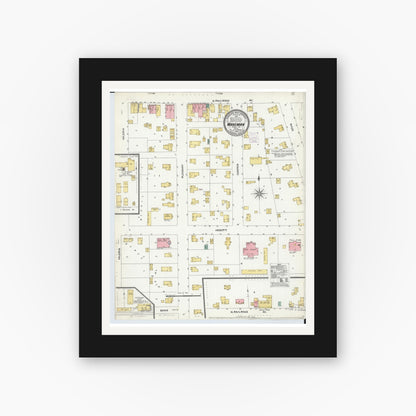 Old map wall art mockup — black gallery frame with white mat — Sanborn Fire Insurance Map from Wakeman, Huron County, Ohio (1905), Sheet #0001
