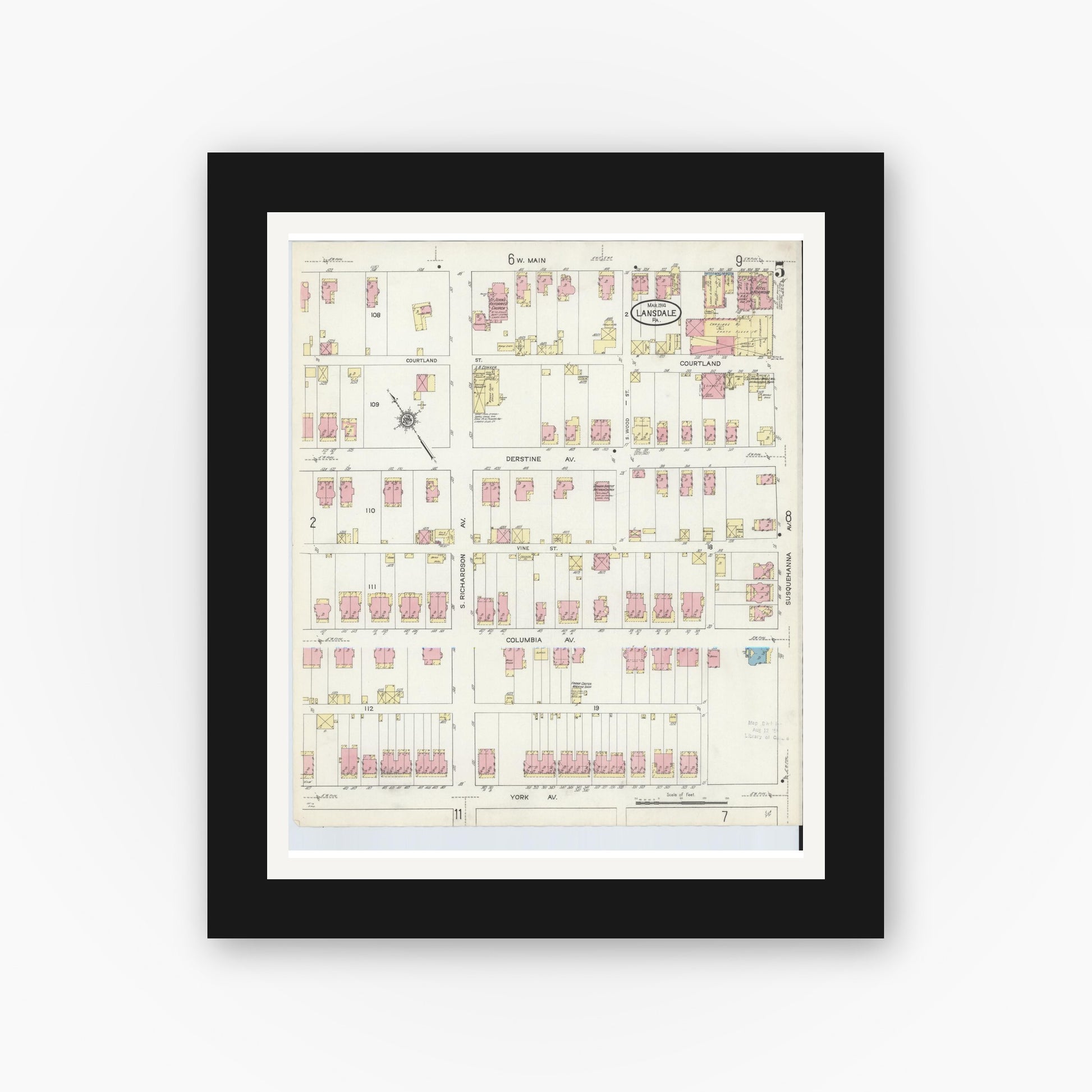 Old map wall art mockup — black gallery frame with white mat — Sanborn Fire Insurance Map from Lansdale, Montgomery County, Pennsylvania (1914), Sheet #0005