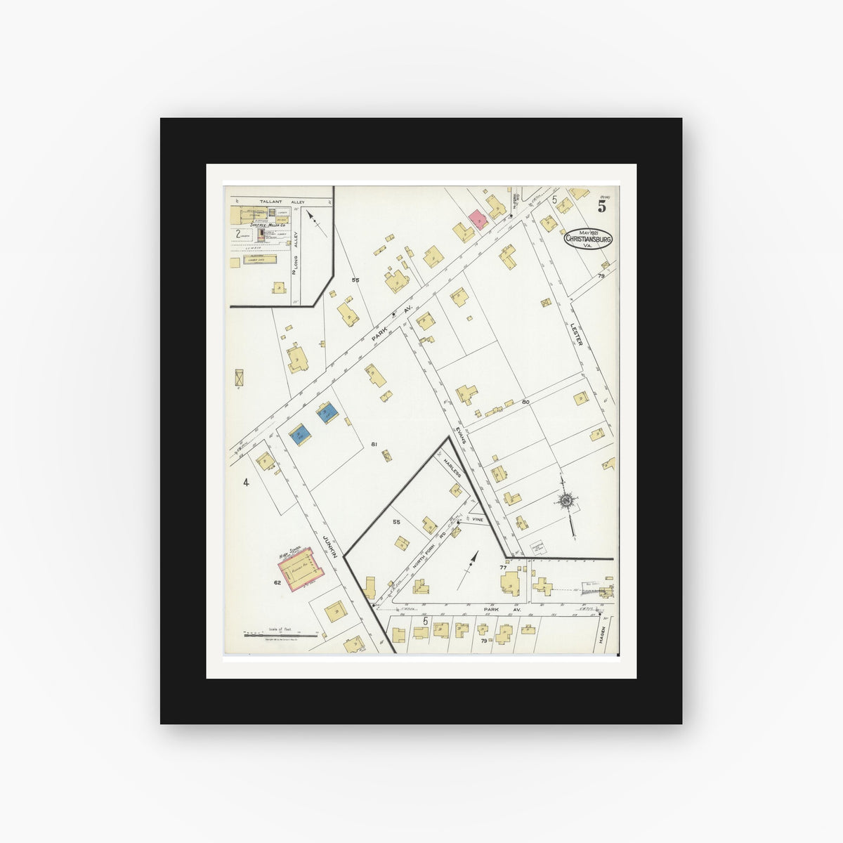 Old map wall art mockup — black gallery frame with white mat — Sanborn Fire Insurance Map from Christiansburg, Montgomery County, Virginia (1921), Sheet #0005